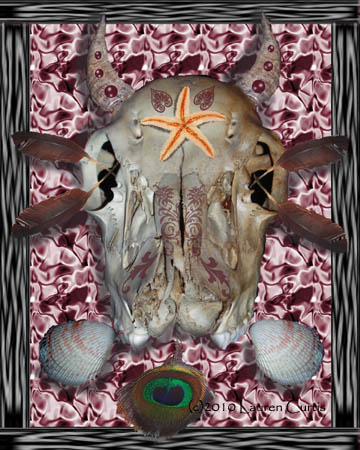 A deer skull is decorated with feathers, horns, shells and a peacock feather and tattoo patterns against a red silk background to look like an ancestral totem.