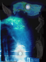 Blue-green creature created from collaging together an x-ray of a human torso with a photo of a deer skull. Gothic wings and statue photo added. Glowing orb in belly. Gothic art.