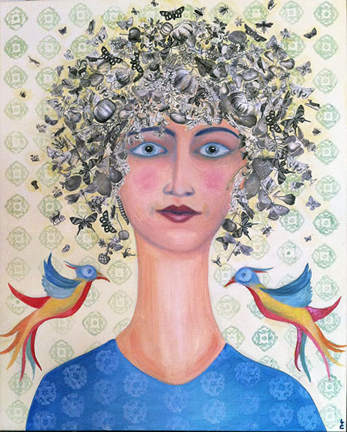 Oil painting with collaged nature cut outs of plants and insects that form tree like hair of a wide eyes female face with elongated neck. Exotic colorful birds are on each side of her head. Patterns stamped onto the pale background. Bright blues, peach.