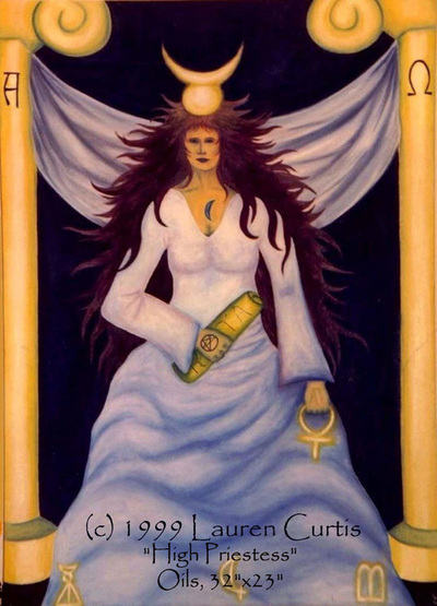 Oil painting of the High Priestess tarot card. The Goddess female figure in between two pillars and she holds spiritual and metaphysical symbols. Blues, golds, purples.