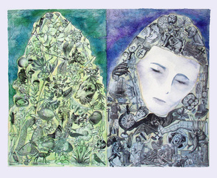 Collage and watercolor of a hooded, sad female face next to a bushy tree, both filled with collaged cutout symbols of nature, plants and religious symbols.  Blues and greens.