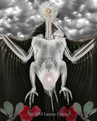 Winged bird x-ray collaged with photos of gray clouds and red & green flowers.  Dandelion puff as the head.