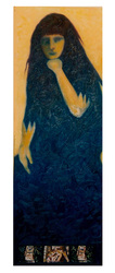 Self portrait done in a shadowy style in deep blues and golden yellows with symbols carved into the body of the female figure.  Symbolic photos sewn onto the bottom of the oil painting.