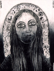 Black and white collage and acrylic painting of a female saint-like portrait with symbols collaged in the background.