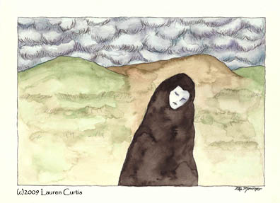 Watercolor painting showing a nun-like female cloaked and hooded figure in mourning. Also landscape scene with hills. Pale blues,  greens, black. Cloudy sky.