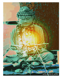 Digitally enhanced in Photoshop 35mm photo of a seated Buddha statue taken at Omega Institute in Rhinebeck, NY. A light emanates from the center of the statue showing enlightenment.  The Buddha is seated at the base of a tree on rocks.