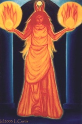 Oil painting in deep blues, oranges and golden yellow of the Celtic Goddess of fire, and creativity Brigit, Bride, Brigid. She holds two fireballs in her hands.