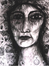 Black and white collage and acrylic painting of a female face portrait with exaggerated eyes and lashes and symbols collaged in the background.