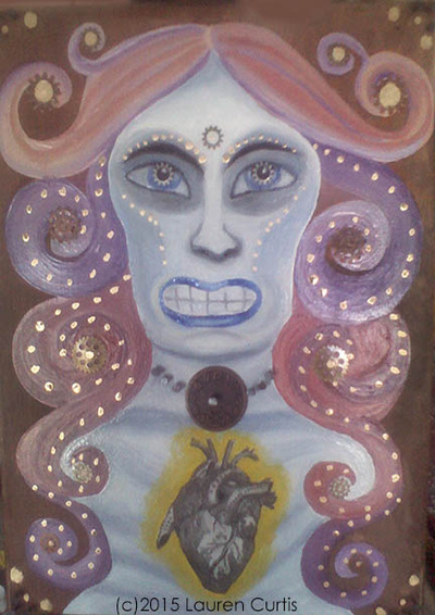 Oil and mixed media collage on wood, hanging from chain.  Pastel colored VooDoo Priestess female form with a very expressive face, bearing teeth surrounded by swirls of hair with metal cogs, gold paint and a collaged glowing heart on her chest. She wears a cog necklace. Steampunk style.