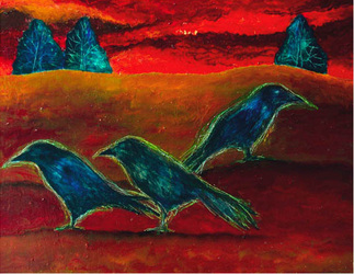 Textural oil painting in deep reds and oranges showing an abstract, barren landscape with three deep blue crows and small, full blue trees in the background against a story sky.