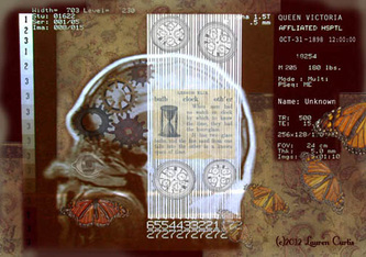 Steampunk digital photo collage of a brain scan with Victorian woodcuts of cogs and watches against a vintage floral background with monarch butterflies.  Text and numbers from the scan indicating a time traveler.  Browns and oranges.