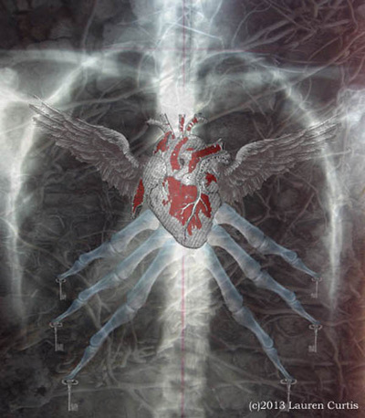 Chest x-ray collaged with Victorian woodcut images of an anatomical red heart  with wings. X-rays of finger extend from the heart. Gothic & Steampunk style. Dark tones.