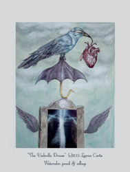Mixed media watercolor painting with collage and x-ray photo. Dream image of a raven holding a heart from it's beak sitting on an umbrella over a tombstone with wings, Cloudy sky behind.