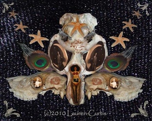 A small animal skull is collaged with images of a deer skull, starfish and peacock feathers along with vintage photos, a Goddess painting against a dark, textured background.
