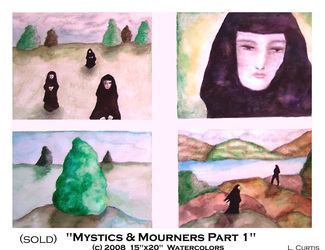Watercolor painting in four sections showing different views of a nun-like female cloaked and hooded figure in mourning. Also landscape scenes with trees. Pale, earth tones.