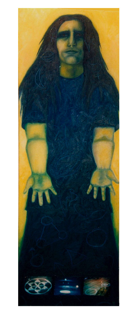 Portrait of a man with long hair done in a shadowy style in deep blues and golden yellows with symbols carved into the body of the male figure.  Symbolic photos sewn onto the bottom of the oil painting.
