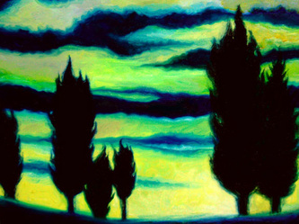 Oil painting in yellows, deep blues and hints of green showing tall, full trees in silhouette against a moody sky with clouds.