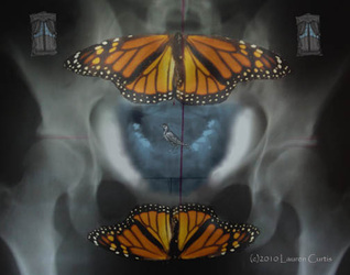 X-rays of a pelvis collaged with x-ray of a blue tones open mouth showing teeth. Orange monarch butterflies on top and bottom with window woodcut images in corners.