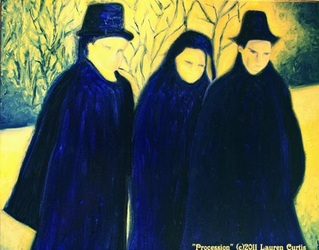 Oil painting depicting scene of male and female mourners in yellows and blues.