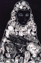 Black & white collage and acrylic painting of a female, nun-like, cloaked mourning figure.