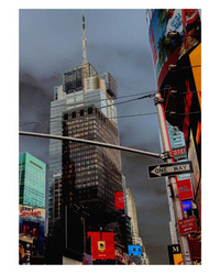 Colorful, stylized digital photo enhanced in Photoshop of downtown New York City skyscraper and street scene with One way sign.