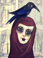 Oil and collage painting of a cloaked woman's face with exaggerated eyes with a raven sitting on her head.