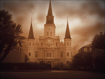 Sepia toned photo of Jackson Square Park Church of Christ in the French Quarter, New Orleans, Louisiana. Historic church.