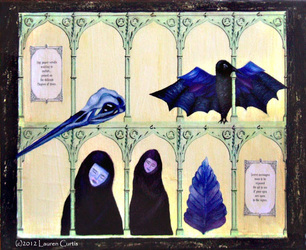 Oil painting with collage.  Nun-like cloaked female figures in archways with symbolic bird, bird skull and leaf with poetic text.