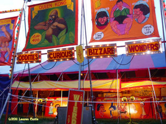 Bright colored photo of the entrance to a sideshow at a carnival in Central NJ. Sideshow signs and circus tent.