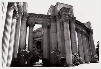 35mm black & white photo of Palace of the Fine Arts columns in San Francisco, California.  Roman style architecture.