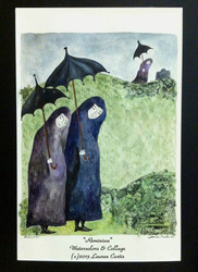 Watercolor and collage painting showing three nun-like females cloaked and hooded figures in mourning with umbrellas. Also landscape scene with hills. Dark blues, pale greens, black.