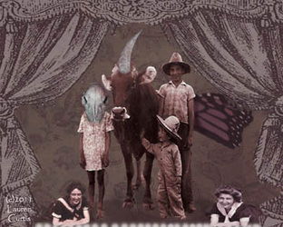 A fabricated side show oddity family collaged from vintage photos of people  made to have animal parts too, standing in a Victorian woodcut image of a stage with fancy curtains.  Rose and sepia colors for a Steampunk look.