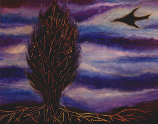 Oil painting in purples and deep blues showing a tall, full tree in silhouette against a moody sky with clouds and a black bird flying by.