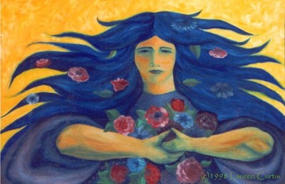 Oil painting of a female figure with long, flowing blue hair filled with red and purple flowers holds more of these flowers in her arms.  A nature Goddess figure in blues and yellow background.
