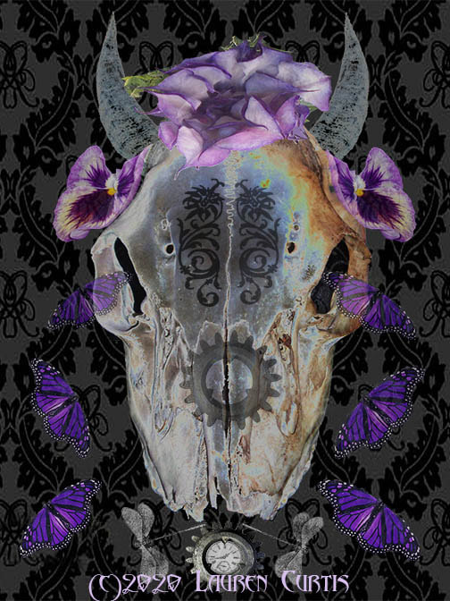 Gothic style collage of deer head skull with Steampunk elements, purple flowers on head, purple butterflies against a black Victorian pattern background.