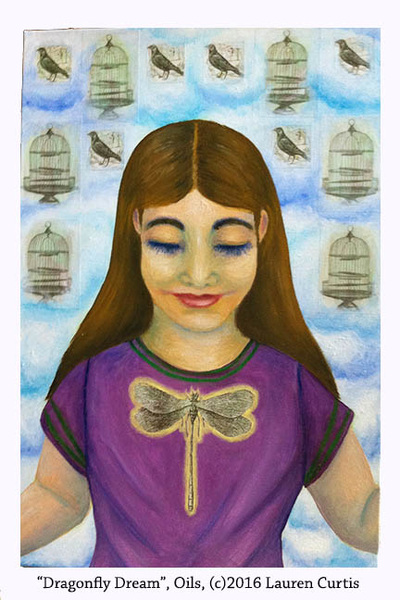 Oil painting with collage of a young, long haired girl , arms outstretched and she's looking down at a glowing dragonfly on her chest. Purple shirt. Blue, fluffy clouds and collaged bird and birdcages in the background.