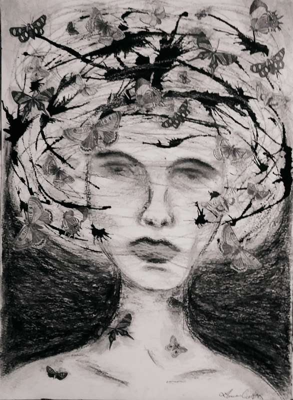 Black and white charcoal with ink and collage mixed media piece. A face of a serious woman, long neck, bare shoulders with collage of butterflies, moths and dragonflies and other insects all swirling with ink blots around her head.
