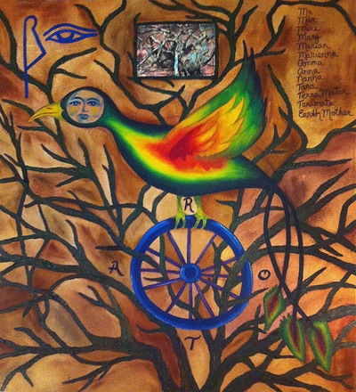 Oil painting with a photo sewn onto the canvas of an uprooted tree. Main image is a symbol of the ancient Egyptian soul, the Ba, a human faced bird with rainbow colored wings.  It sits on the ROTA wheel against a brown background of tree branches. Different names for Mother appear on the top; terra mater, mere. Mary Earth Mother, Mari. Egyptians hieroglyphs on top left.