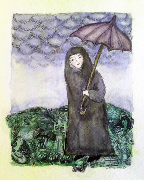 Watercolor and collage painting showing a nun-like female cloaked and hooded figure in mourning with umbrellas. Also landscape scene with hills. Dark blues,  greens, black. Cloudy sky.