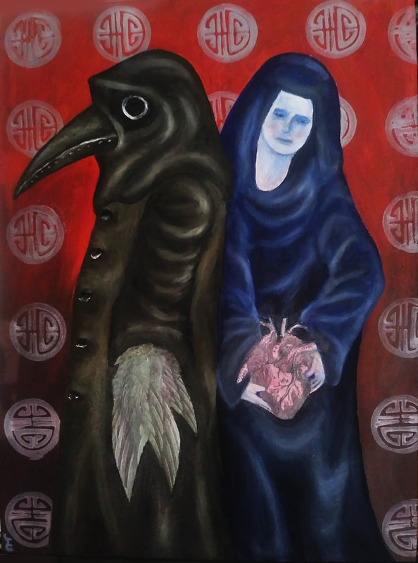 Oil painting showing a masked black plague doctor figure with a hand of collaged wings standing next to a dark blue mourning nun female figure holding a collaged red heart in her hands. Ancient Asian circular symbols stamped onto the red background.