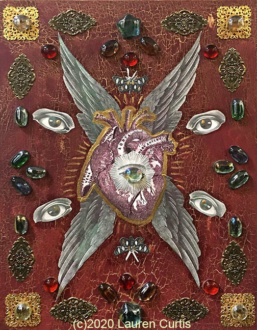 Mixed media collage on canvas with paper collaged wings, eyes heart and antique looking intricate metal pieces and glass stones. Mystical symbolism.