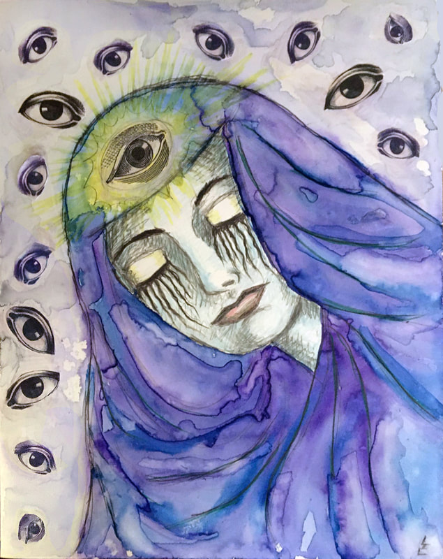 Watercolor and collage on yupo paper of a woman in mourning with a 3rd eye in a blue robe surrounded by eyes.
