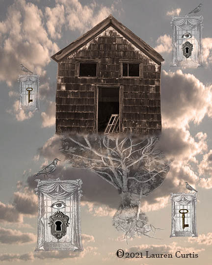 Dreamy, surreal collage with sepia toned old barn floating in a cloudy sky with Victorian woodcuts of windows, crows & keys with keyholes.  Tree roots hang from house.