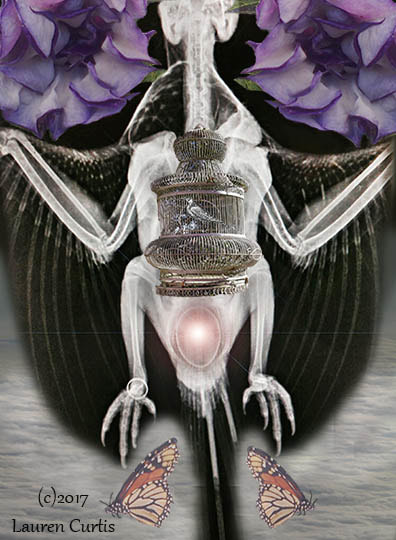 Winged bird x-ray collaged with photos of gray clouds, butterflies and purple flowers.  Antique birdcage & glowing egg in belly.