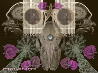 Steampunk style collage using brain scans, deer skull, Coney Island ride photos, pink roses, starfish, vintage photos. Sepia tones.